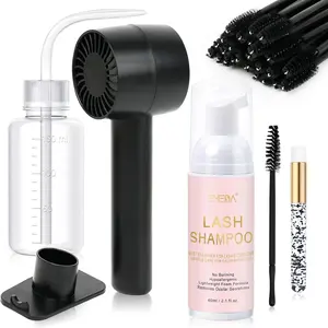 Lash Shampoo Kit 2.02 fl oz Lash Cleaning Kit with Rechargeable Fan Dryer/Brush/Rinse Bottle, Oil-free Cleanser Wash for Extensions & Clusters & Natural