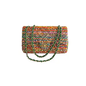 Pre-owned CHANEL tweed Shoulder Bags Multicolor Woven Stripes Double Flap Bag Medium 2016 2017 Limited Edition Chain Strap