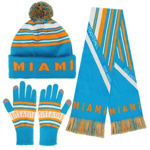 Knitted Miami Ribbed Hat Scarf & Gloves Set Jacquard Design Elastic Warm Winter Accessories for Men Women