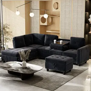 94.5Inch L-Shape Sectional Sofa with Storage Ottoman, Cupholders & Modular Design for Home and Living Room-Black