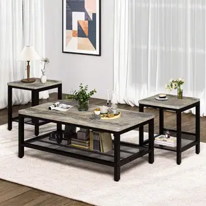 Coffee   Of 3, Industrial Coffee  With 2 Square End Side , Living Room   With Metal Frame For Apartment Home Office table White Glass Door Wardrobe Set