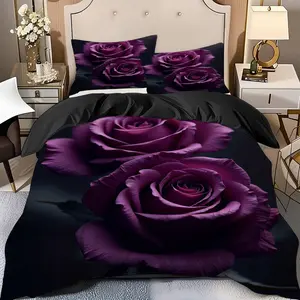 2/3 Pcs Purple Rose Blooming Quilt Cover Set(1* Quilt Cover+1/2* Pillowcase,No Filling)Soft High-End Digital Printed Bedding Set,Perfect Gift For Family,Friends During The New Year Holiday!Suitable For All Year Round!Machine Washable Soft Bedding Sets