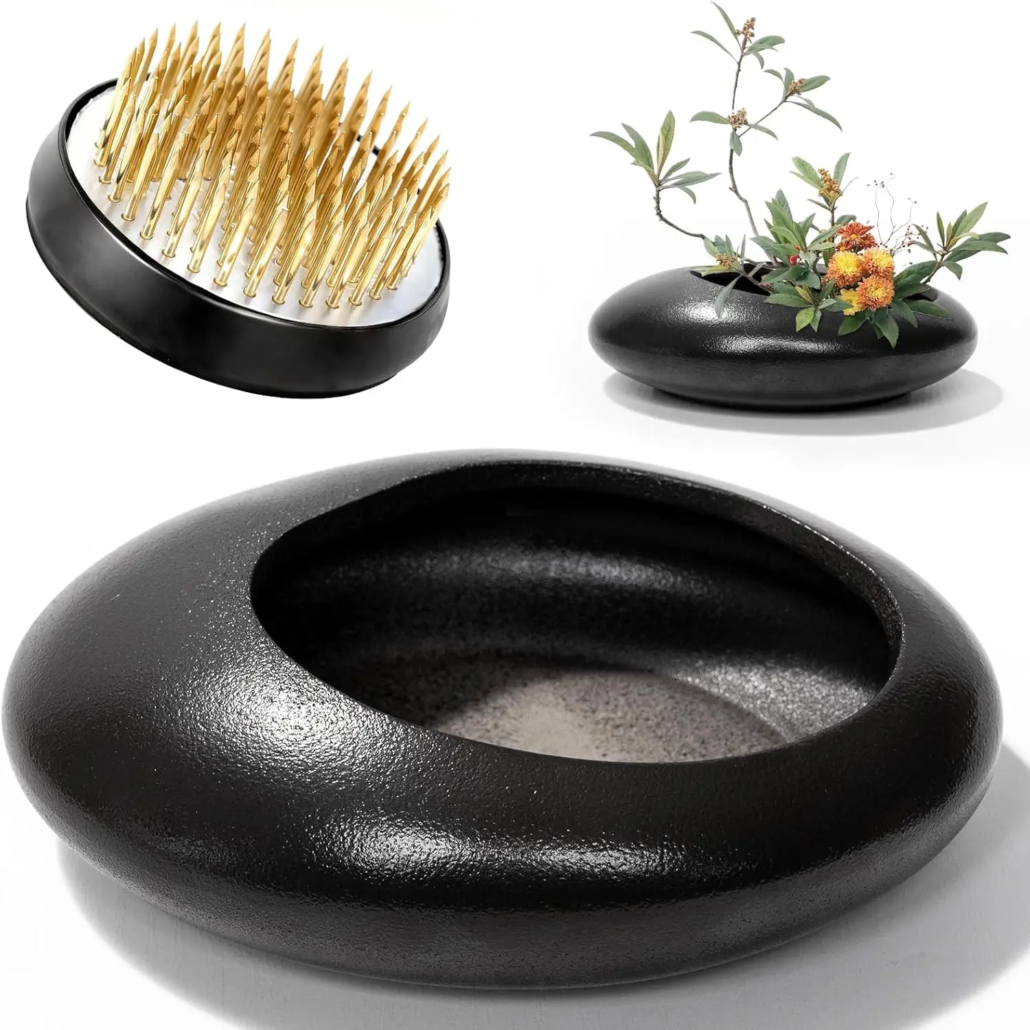 Black Large Floral Decor Vase Kit - 2-Inch Brass Florist Frog, Ceramic Water Drop Pot, Elegant Ikebana Cut Flower Holder for Arrangements