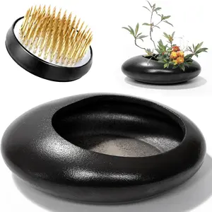 Flower Frog Vase Kit, 2-Inch Brass Florist Frog for Arrangements and Ceramic Water Drop Pot, Elegant Ikebana Flower Holder for Cut Flowers, Floral Decor Kit (Black Large Size)