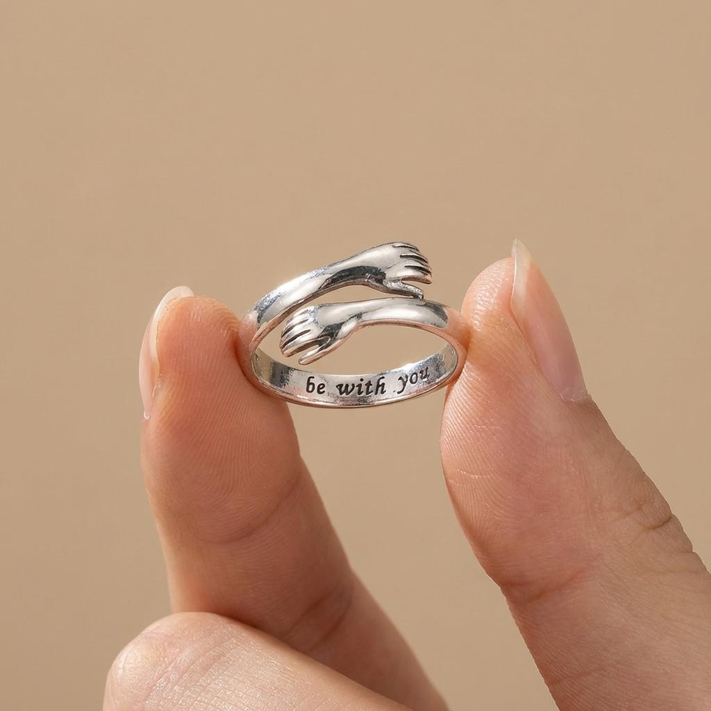 Hug Hands Adjustable Ring S925 Sterling Silver Open Ring “Always With You” Engraved Couple Gift for Women