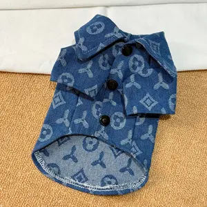 Luxury Denim Pet Shirt Trendy Outfit for Small Dogs & Cats with Stylish Buttons and Unique Monogram Design