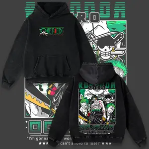 Retro Limited Roronoa Zoro One Piece Vintage Unisex Oversized Anime Graphic Hoodie Trendy Y2K Acid Washed Double Printed Cotton Sweatshirt Streetwear Casual Apparel Top Outfits for Men Manga Game Movie Lover Gift For Fans Merch
