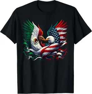 Unisex T-Shirt with Vintage Mexican American Roots Flag Graphic, Casual Crew Neck Short Sleeve Essential Cotton Fabric Top,Street,wome,shirts