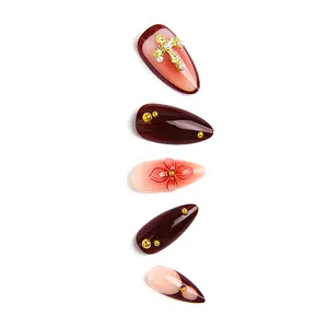 Brown Dark Red 3D Flower Gold Cross Gold Bead Press On Nails Medium Almond 24 pcs, Dark Glam Fake Nails with Nail Glue, Adhesive Tabs & Nail File, Luxury Statement Stick On Nails