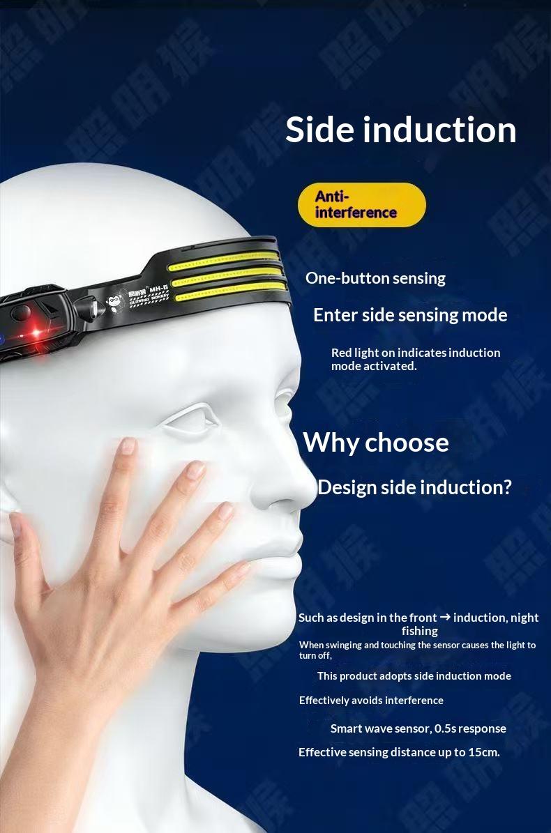 Silicone headlight LED mini multifunctional wave sensing head mounted light COB outdoor fishing and hiking strong light far and near bald head light | Multi level adjustment | Ultra lightweight and portable