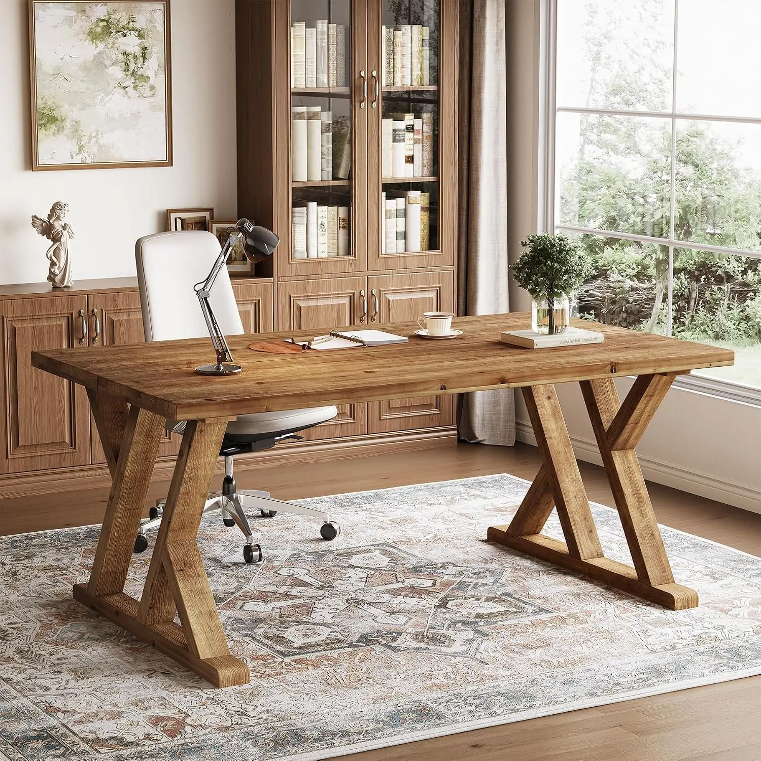 TRIBEWOOD 63" Solid Wood Executive Desk, Farmhouse Home Office Large Computer Writing Workstation with X-Shaped Legs, Multipurpose Study & Craft Table