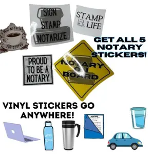 Notary Themed Decorative Stickers Five 5 Durable Vinyl Set for Water Bottles Travel Mugs Laptop Cases Folders and Vehicles Personalized Notary Stickers 3x3 and 2x2 Inches