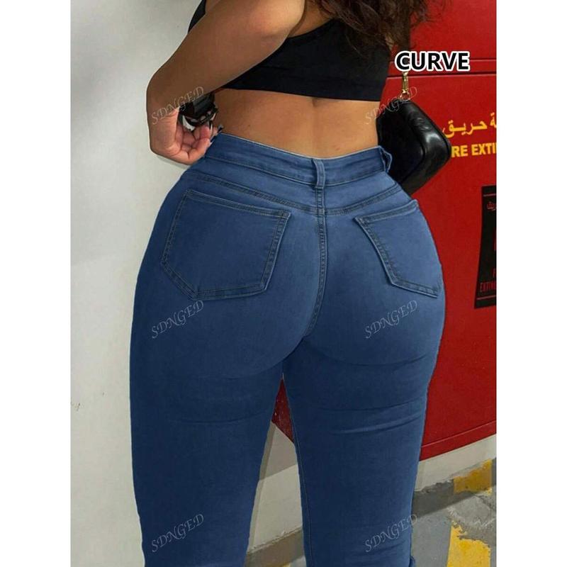 European And American New Style Simple Casual Basic Versatile Ripped Women's Plus Size Denim Stretch Bell Pants