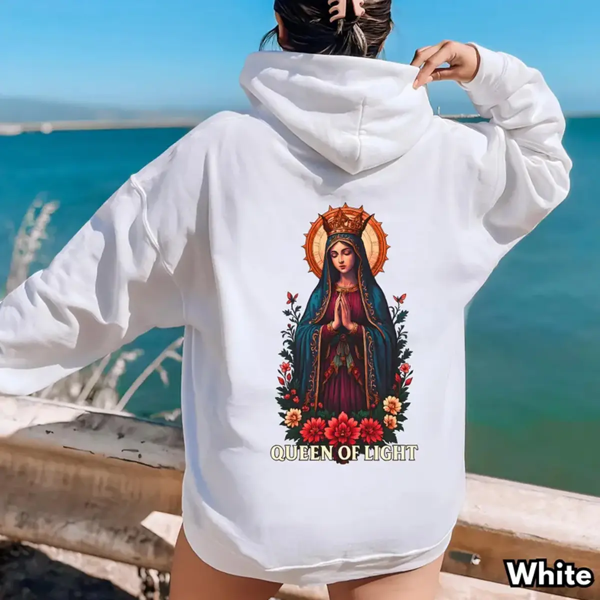 Virgin Mary Hoodie – Queen of Light Religious Art Sweatshirt – Catholic Icon Graphic Hoodie