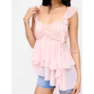 Cider Chiffon Sweetheart Ruffled Layered Asymmetrical Hem Top