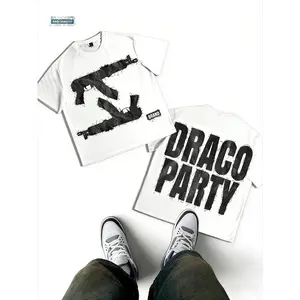 1 PCS Fuzzy Violence Rebellion Tee: Plush - Textured Gun Softening * "DRACO PARTY" Gangster Contrast Narrative * Rough - Smooth Textural Provocation In Subverting Street Toughness, Men's Round Neck Printed Short Sleeve Casual Everyday T-Shirt