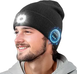 rechargeable warm hat Bluetooth Beanie with Light – Unisex USB Rechargeable 4 LED Flashlight Hat, Cordless Headphones Warm Beany Knit Balaclava Skull Cap for Outdoor Activities Cycling Spider Web Sport Lightweight Sweat, Unique Christmas Birthday Gifts fo