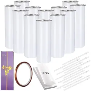 12 Pack Straight Skinny Sublimation Tumblers 20oz for Heat Transfer, Bulk Sublimation Blanks Individually Boxed, Double Wall Insulated Tumbler with Shrink Films & Heat Tape, White (12)