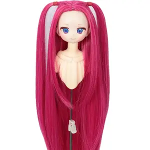 Long Straight Hot Pink with 2 Pigtails 1/3 BJD SD DOD Doll Wig Fit for 8-9 inch Head 1/3 Bjd Dolls Wigs(Pink)2026