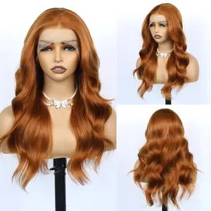 Aodbar hairs Orange Ginger Color Long Wavy Wig Heat Resistant Fiber Hair Glueless 13*4 Transparent Lace Wig Pre Plucked Natural Hairline Bright Ginger Color Long Loose Wavy Wig for Daily Use, Halloween, or Cosplay