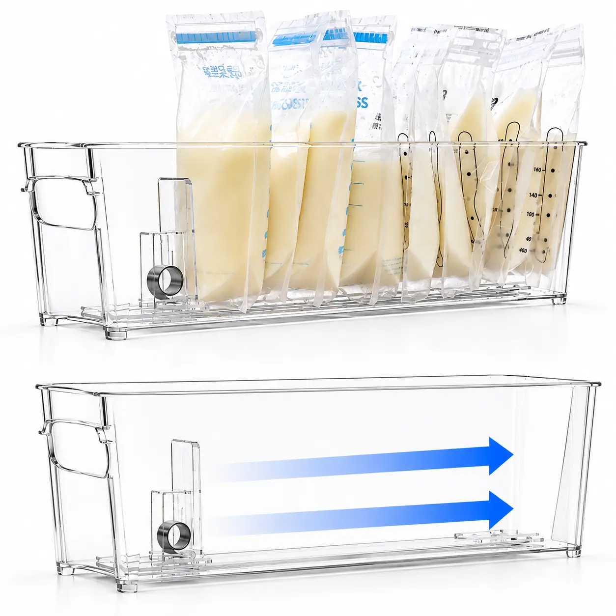 2 Set Breast Milk Storage Containers for Fridge and Freezer with Automatic Pusher, Clear Organizer Self Pushing Bins for Breastmilk Bags, Bottles and Pouches, 14.7 x 4.3 x 3.9 Inches