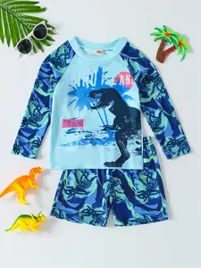 Boys' Long-Sleeve Cartoon Dinosaur Swimsuit 2-Piece Set, Raglan Sleeve Top and Elastic Waist Swim Trunks, Stretchy Swimsuit, Summer Beach Vacation Children's Clothing Set