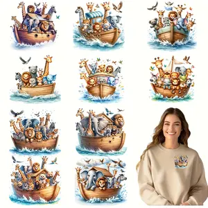 12 Piece Noah Ark Theme Heat Transfer Stickers, Washable DIY Iron-On Patches for T-Shirts, Face Masks, Backpacks, Customizable Designs