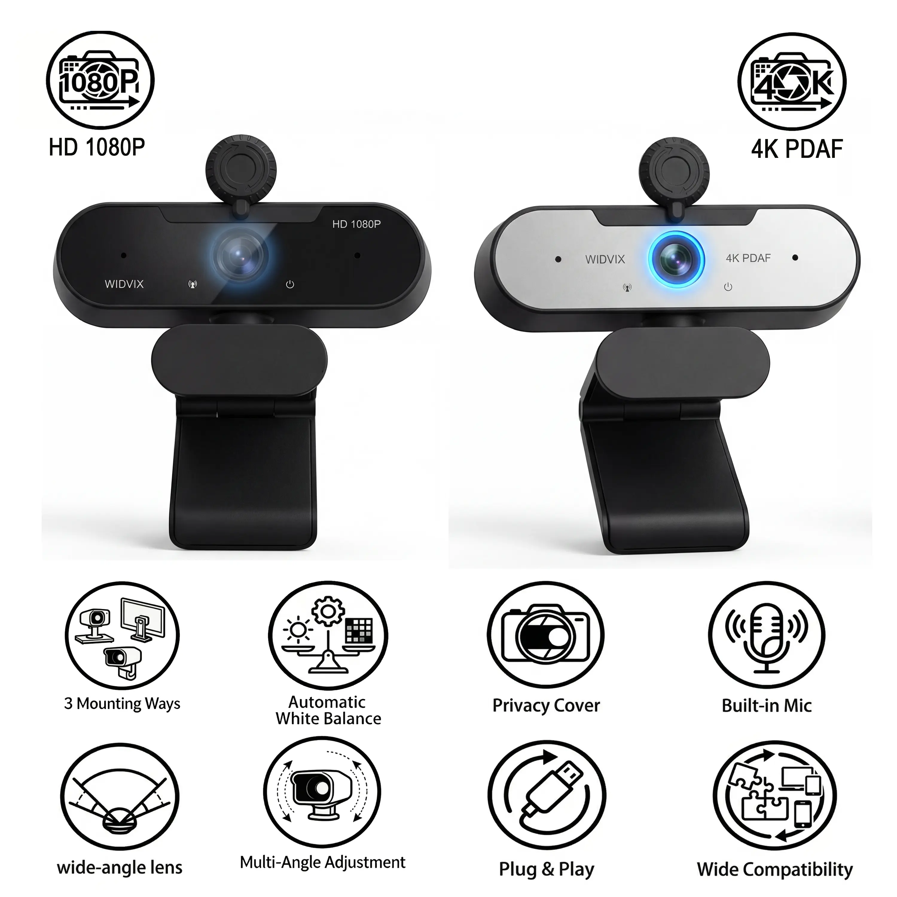 WIDVIX 1080P/4K Webcam for PC with Microphone, Wide Angle Lens, Privacy Cover, Auto Low Light Correction – USB Plug-and-Play for Video Conferencing, Streaming, Home Office (Works with Zoom/Skype/Teams, NOT for PS5),summerwins summerwins