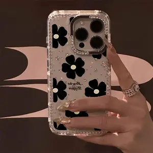 Black floral pattern luxury rhinestone fashion phone case, transparent glitter border star case, anti-drop case, suitable for iPhone 17 Pro Max, 17 Air, 16, 15, 14 Plus, 13, 12, 11 protective cover