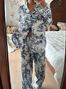 Women's Satin Ink Flower Bird Print Lapel Button Home Wear Pajamas Set, Elegant Silk Blend Casual for Daily Use & Relaxing at Home