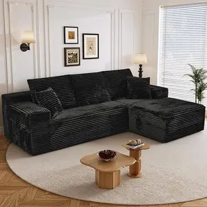 106" L-Shaped  Boneless Sectional Couches for Living Room, Comfy Corduroy Floor Cloud Sofa with Chaise, Wide Armrest, Deep Seat, Memory Foam, Assembly Free, Ideal for Small Spaces, Black Oversized Plush Lounge Modern Set