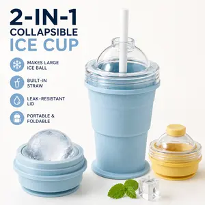 2-in-1 Collapsible Ice Cup, Silicone Ice Ball Mold with Built-In Straw, Portable Leak-Resistant Drinking Cup for Iced Coffee, Juice & Travel