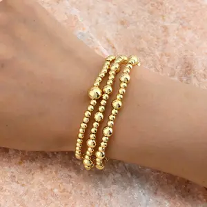 Gold Beaded Bracelets for Women Non Tarnish Stack 14K Gold Plated Stretch Elastic Bead Ball Bracelet Jewelry Set for Women Trendy