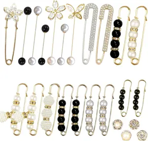 24 Pieces Pearl Crystal Brooch Safety Pins Button Pins Pant Waist Tightener Pins for Clothes Sweater Shawl Collar Dress Cardigan Shirt Jeans Decoration Accessories for Women Girls(Classic)