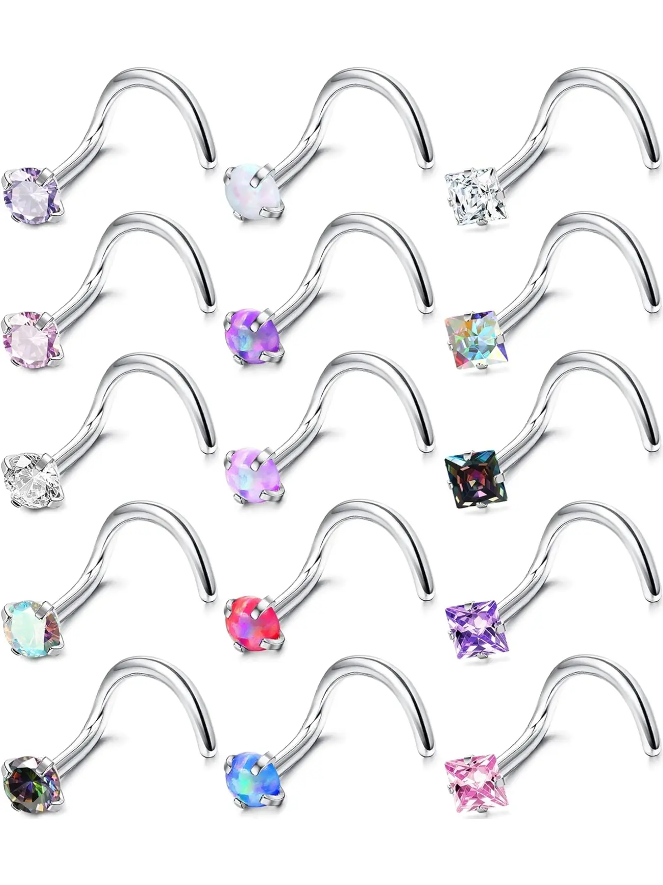 Hypoallergenic Nose Rings Set, 15 Pcs 18g & 20g Stainless Steel, L-Shaped Screw Studs with Cz Stones, Unisex Body Jewellery, Rhinestone Nose Ring