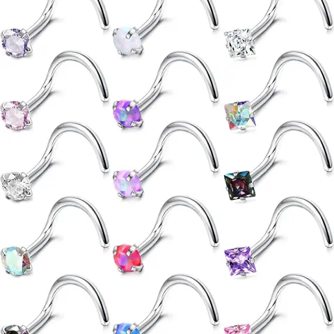 Hypoallergenic Nose Rings Set, 15 Pcs 18g & 20g Stainless Steel, L-Shaped Screw Studs with Cz Stones, Unisex Body Jewellery, Rhinestone Nose Ring