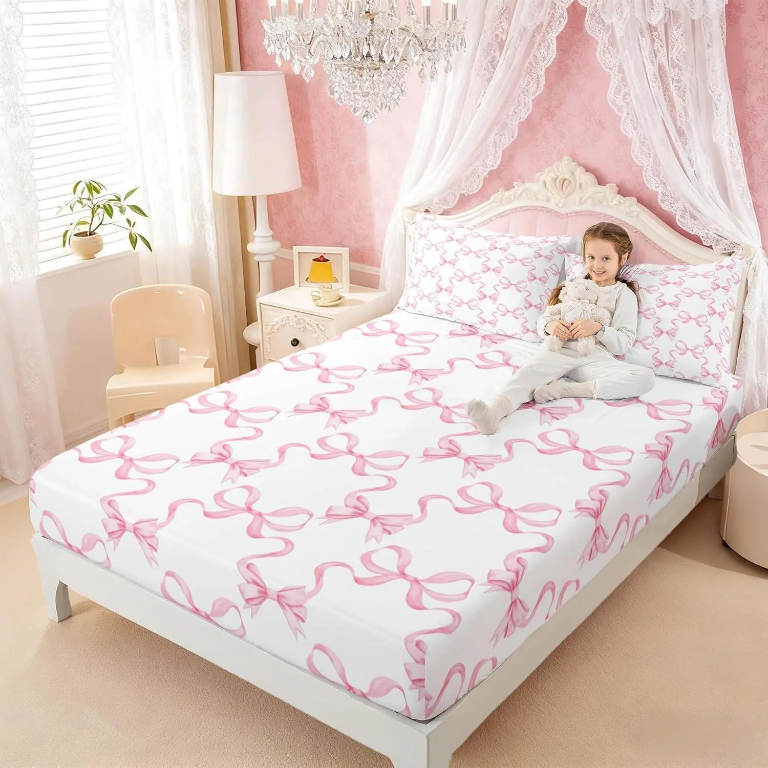 Fitted Sheet,Kids   Pink Bow Sheets for Boys Girls Teens Toddler,Easy Fit Deep Pockets,Breathable,Princess Style,Cozy Soft Cartoon Bowknot Print Cute Bed Sheets(No Flat)