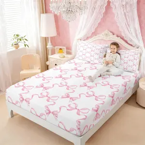 Fitted Sheet,Kids   Pink Bow Sheets for Boys Girls Teens Toddler,Easy Fit Deep Pockets,Breathable,Princess Style,Cozy Soft Cartoon Bowknot Print Cute Bed Sheets(No Flat)