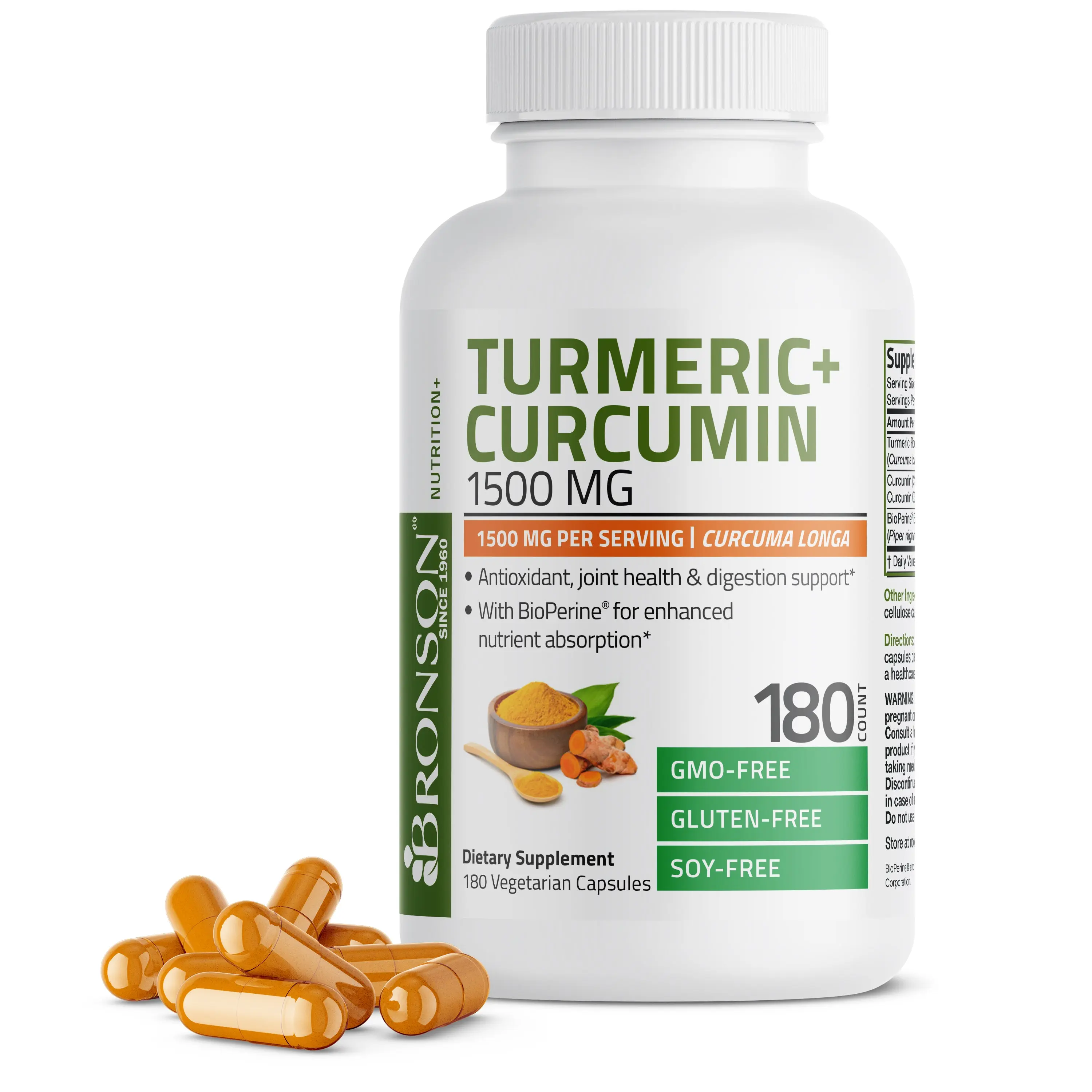Bronson Turmeric Curcumin 1500 MG per Serving Antioxidant, Joint & Digestion Support with BioPerine, Non-GMO Healthcare Fitness turmeric curcumin Edible Supplement