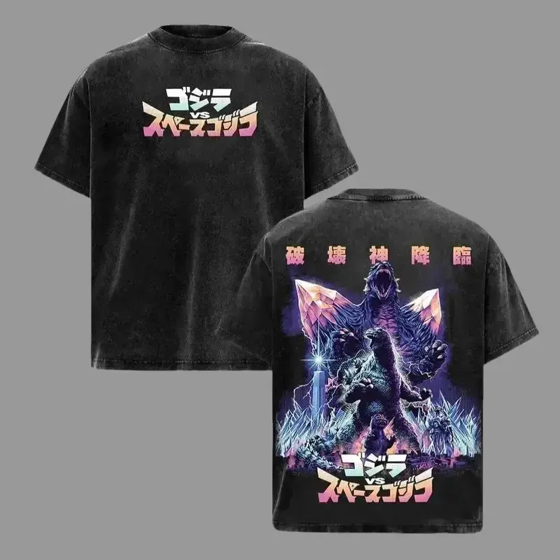 Men's Oversized Lightweight Cotton Godzilla vs SpaceGodzilla Vintage Acid Wash Graphic T-Shirt - Menswear, Japanese Monster Movie Kaiju Streetwear, Y2K Harajuku Anime Top, Pop Culture Geek Gamer Gift, Distressed Classic Sci-Fi Apparel, Tshirt