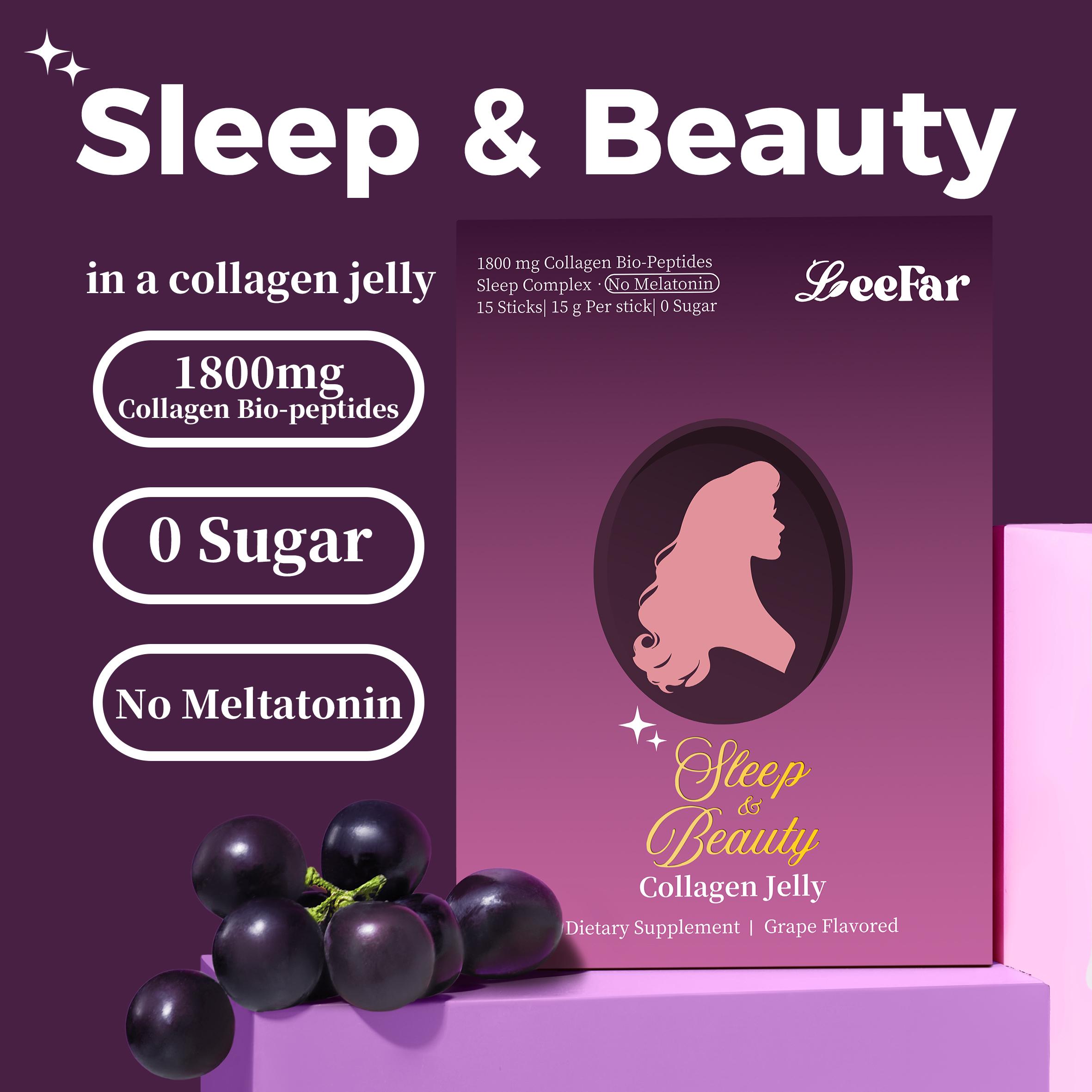 LeeFar Sleep & Beauty Collagen Jelly – 1800mg Bio-Peptides Collagen + Nighttime Blend | Magnesium Glycinate, L-Theanine, Hyaluronic Acid | Restful Sleep, Skin Elasticity & Hydration, Collagen Formation for Hair, Skin & Nails | Grape Flavor |15 Stick Packs