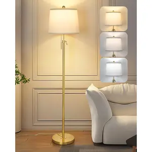 Floor Lamp for Living Room, Tall Standing Lamp 55-65" Adjustable Modern Brass Floor Lamps for Bedroom Reading Office  3 Color Lights Corner Night Stand (9W LED Bulb, White Shade)