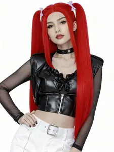 New Long Hair Wig Set K-POP Cosplay Costume with Two Bow Headbands, Halloween Anime Party Accessories, Medium Length Straight Wig