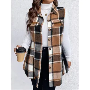 [Plus Size] Plaid Print Button Front Vest Coat, Everyday Casual Fitted Sleeveless Collared Outerwear for Fall & Winter, Gift Set for Women, Women's Plus Size Clothes for Daily Wear, Womenswear