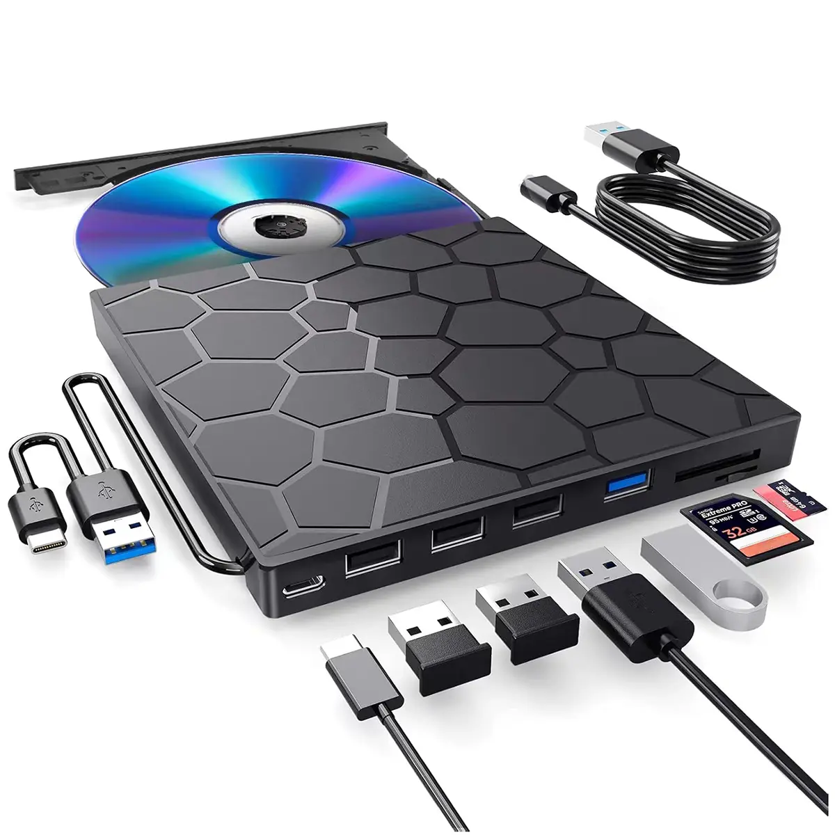 Portable External CD/DVD Drive Writer for Laptops, Ultra-Thin Portable DVD Player, 8-In-1 USB 3.0 Type-C Hubs, Compatible with Windows/linux/macos, Optical Drive, Transfer