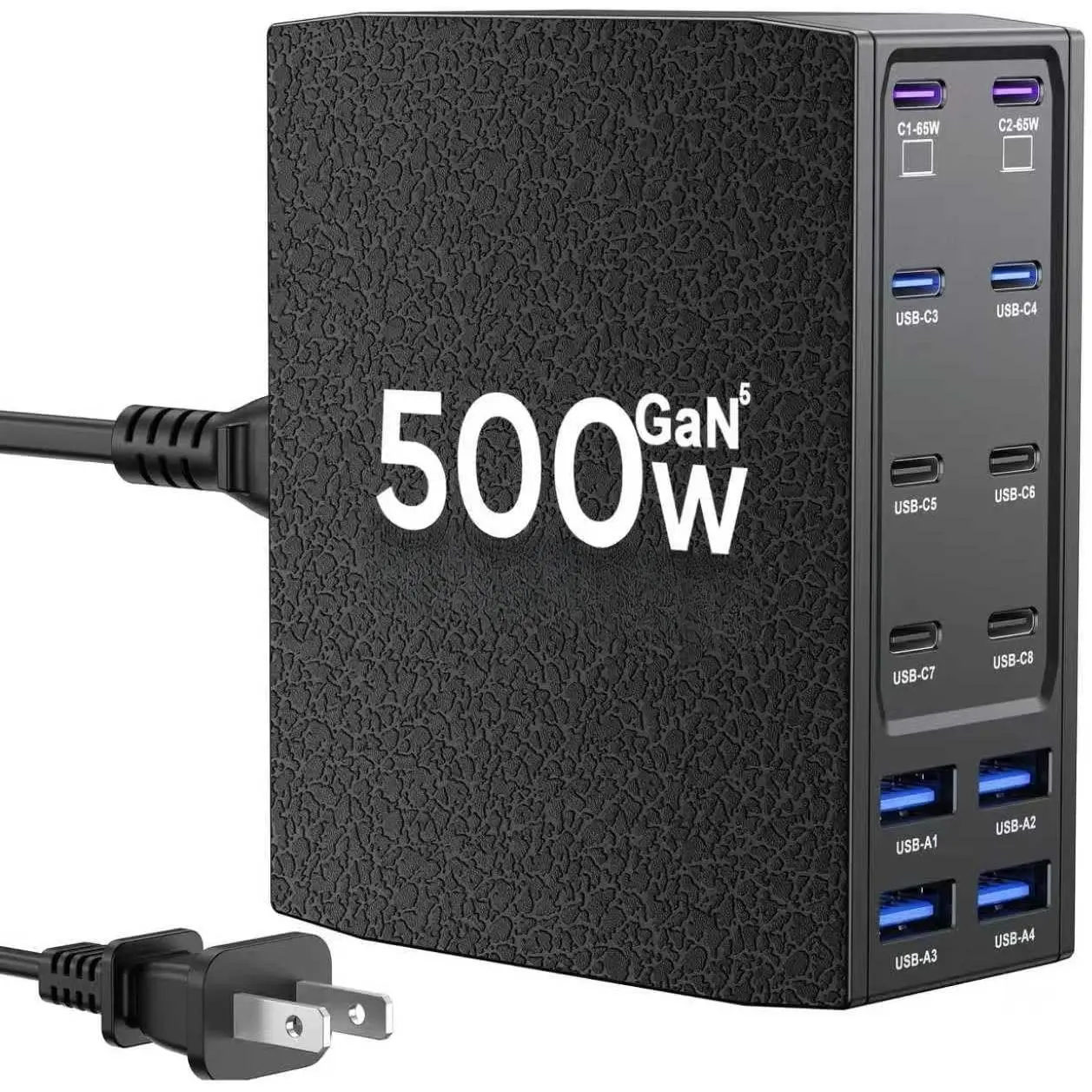 500W USB C Charger Block, 12-Port USB C  Station for Multiple Devices, Leather Texture Dual PD 65W Laptop  Charger Compatible with MacBook Pro/Air, iPad, ,Galaxy and , Black