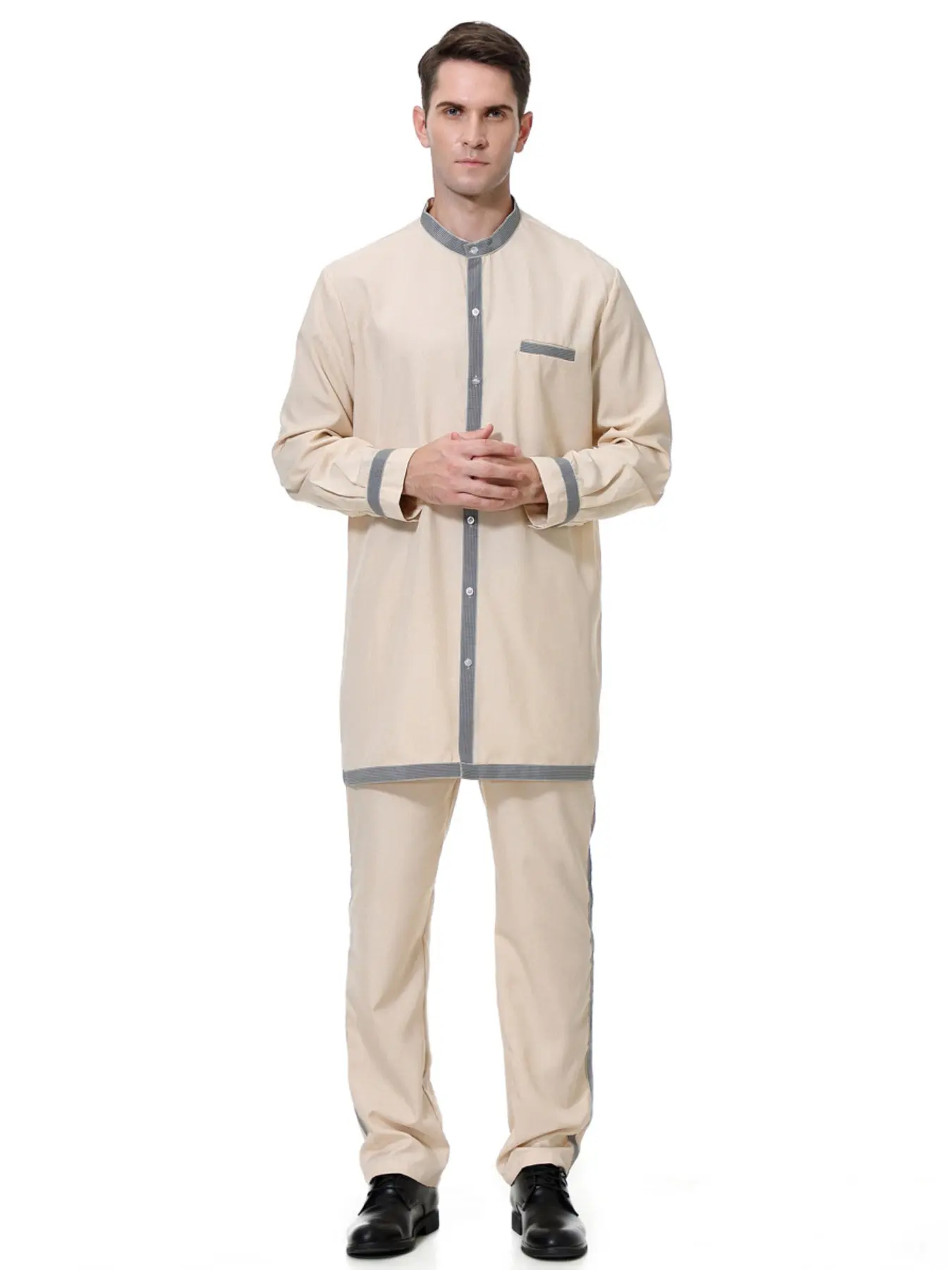 Muslim Men Long Sleeve Shirt Pants Set, Middle East Robe, Traditional Arabic Robe, Modesty Thobe Combo, Casual Fashion, Comfortable Wear, Perfect for Daily Use