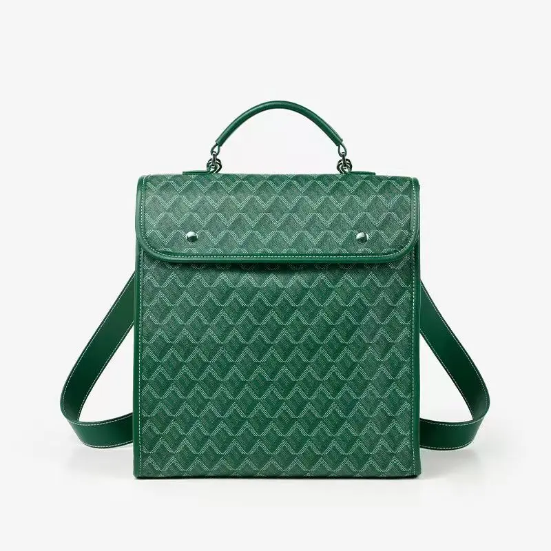 Vintage Geometric Pattern Backpack for Women, Green Printed Leather Handbag, Multi-purpose Convertible Shoulder Bag Travel School Laptop Backpack