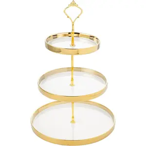 3 Tier Round Serving Tray Stand, White Ceramic Plates with Gold Rim and Electroplated Iron Rack for Cupcakes and Appetizers