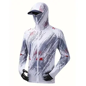 Men's Performance Fishing Jacket - Quick-Dry, Breathable Polyester, Blue and White Geometric Pattern, Hooded Outdoor Gear with Zipper Pockets, Fishing Gear